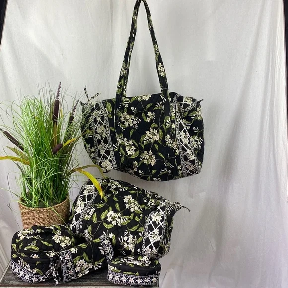 Vera Bradley SET of 5 Black Green & White Floral Quilted Travel Weekend Bags - Picture 11 of 11
